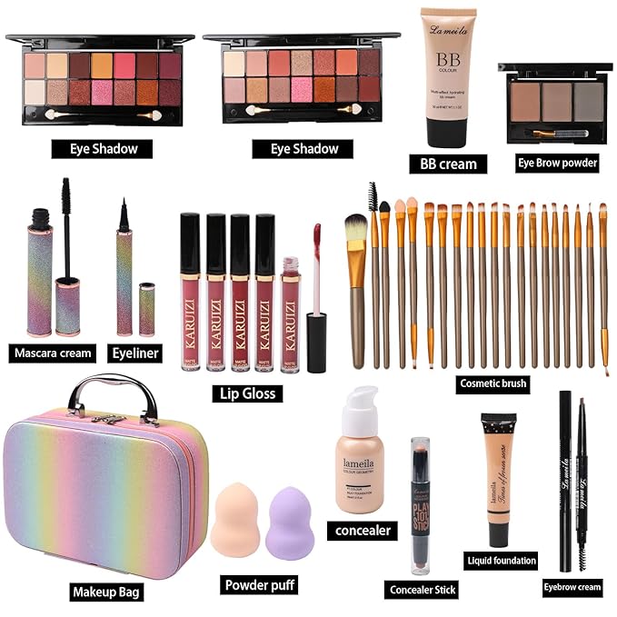 MTDXILTAI makeup sets for women,Professional Makeup Kit with Eyeshadow Palette,Brushes Set, Foundation, Lip Gloss, Travel Bag, Complete Beauty Set (Colorful bag)