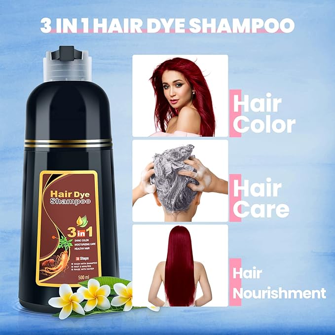 IIIMEIDU Dark Burgundy Hair Dye Shampoo 3 in 1 for Grey Coverage, Herbal Ingredients Shampoo Hair Dye for Women Men 500ml