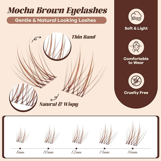 B&Q Brown Lash Clusters Kit Natural Mochalash Clusters 06, Wispy Eyelash Clusters Kit C-Curl Cluster Eyelash Extensions 8-16mm Brown Lash Eyelashes Kit for Fair/Dark Hair(Mochalash 06 Set)