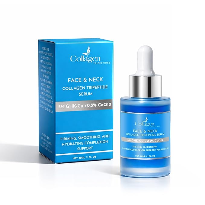 Face Neck Serum, 5% Copper Tripeptide GHK-Cu + 0.5% Coenzyme Q10, Palmitoyl Tripeptides Skin Revitalizer, Wrinkles, Tightening, Collagen - For Men and Women