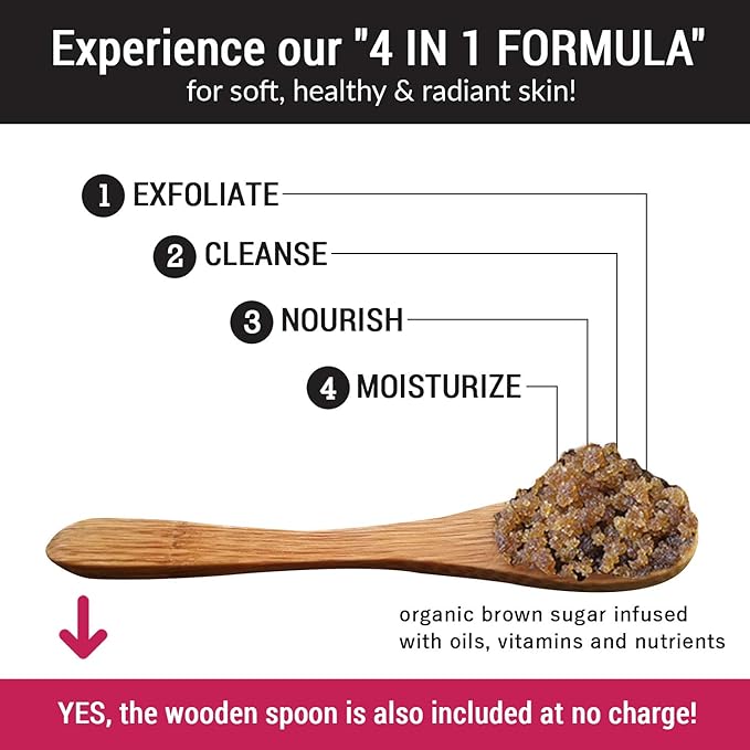 pureSCRUBS Premium Unscented Brown Sugar Body Scrub | Large 16oz Jar | Face, Feet & Full Body Scrub | Includes Wooden Spoon, Loofah & Mini Exfoliating Bar Soap