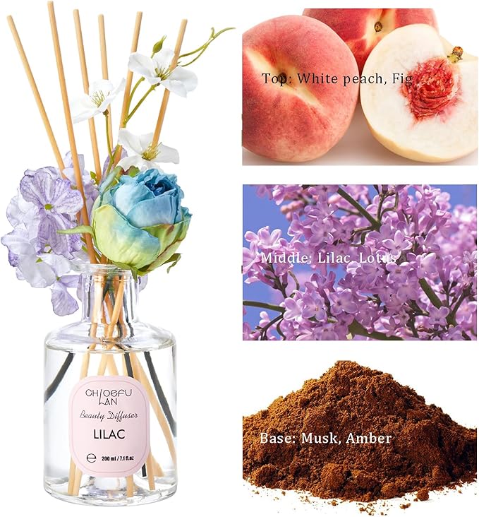 Lilac Reéd Diffuser Oil, 6.7 oz Refreshing Natural Essential Scented Oil with Purple Flower Diffuser Sticks,Bathroom Decor, Home & Office Decor,Diffuser Oil Gift Set