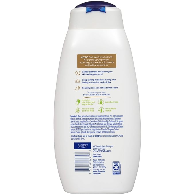 Nivea Pampering Cocoa and Shea Butter Body Wash with Nourishing Serum, Moisturizing Body Wash for Women, Enriched with Provitamin B5 and Vitamin E, 20 Fl Oz Bottle (Pack of 3)
