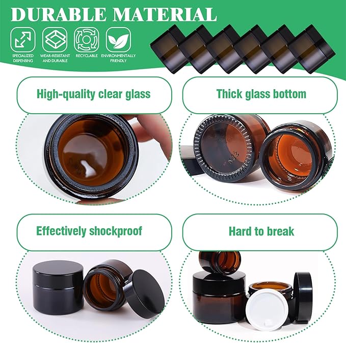 120Pcs 60g Amber Glass Jars Assortment Kit with Inner Liners and Black Lids, Spoons and blank labels for Storing Lip and Body Scrub, Lotion, Body Butter, Bath Salts