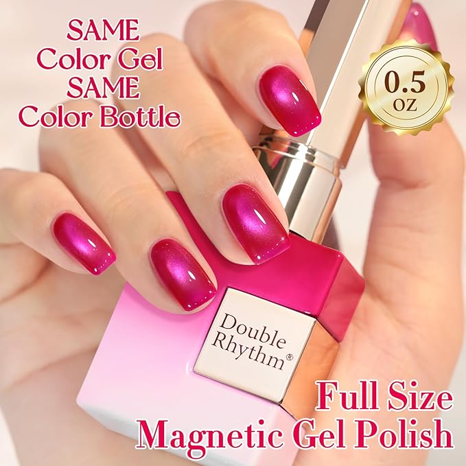 Double Rhythm 15ML Jelly Glass Cat Eye Gel Polish with Magnet Holographic Glitter Shimmer Translucent Sheer Color Salon Soak Off Magnetic Nail at Home (Magenta-MC1201)