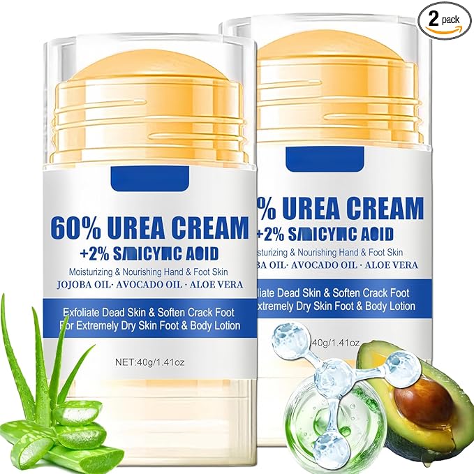 Urea Cream 60 Percent for Feet Maximum Strength, 2 Pack Foot Stick for Cracked Heels and Dry Skin, Softening Calluses with Shea Butter Aloe Jojoba Oil, Heel Repair Stick Balm for Men & Women, 40g Each