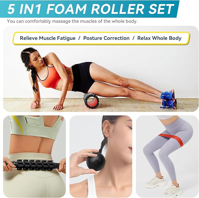 Krightlink 5-in-1 Foam Roller Set - Deep Tissue Muscle Recovery Kit with High Density Exercise Roller, Massage Ball, Resistance Band & Carry Bag for Physical Therapy & Pain Relief (Black)