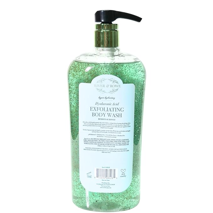 RIVER & ROWE Berries & Honey Exfoliating Body Wash – Hydrating Daily Cleanser with Hyaluronic Acid for a Comforting & Soft Skin Experience, Gentle Everyday Use Shower Gel for Women & Men, 33.8 Fl Oz