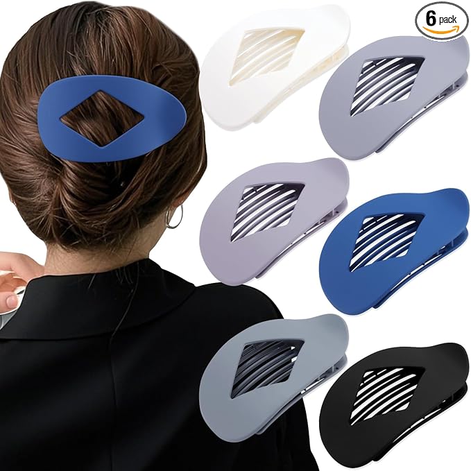 Atoden Large Flat Round Hair Clips Oval Claw Clips for Thick Medium Thin Hair 6Pcs Non Slip Strong Hold Barrettes Duckbill Accessories for Women Girls Matte Solid Color Grey Blue