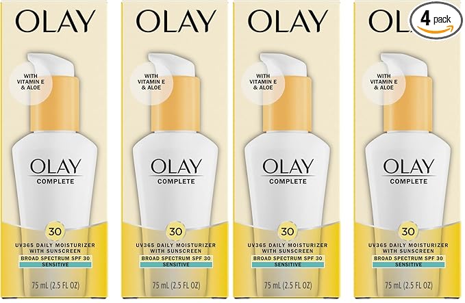 Olay Face Moisturizer,Complete with Sunscreen SPF 30,Fragrance-Free for Sensistive Skin,Broad Spectrum Sun Protection, Long-Lasting Hydration, Non-Comedogenic - Vitamin E & Aloe - 2.5 Oz - (Pack of 4)