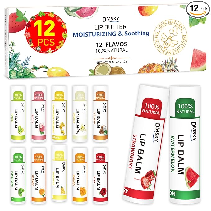 DMSKY 12 Pack Lip Balm, Natural Lip Balm Bulk with Vitamin E and Coconut Oil, Moisturizing Lip Care for Dry Chapped Lips, Party Favors-12 Flavors