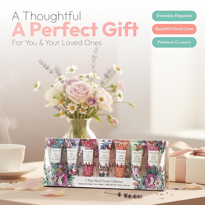 Laura Ashley Hand Cream Set - 7 Piece Hand Lotion Collection for Women, Travel Size Moisturizing Lotion for Dry Skin with Rose, Lavender, Magnolia & Floral Scents - 30ml Each