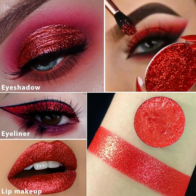 Afflano Red Glitter Eyeshadow, Diamond Bright Red Eyeshadow Instant Color, Super Pigmented Metallic Eye shadow One Swipe, Holographic Single Ruby Shimmer Eye shadow for Goth Smoky Clown Eyes Makeup