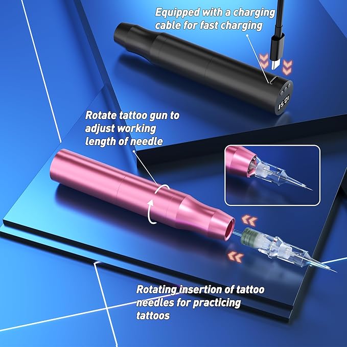 Microblading Tattoo Gun Kit, 1400mAh Cordless Tattoo Pen & Eyebrow Pencil Set for Makeup Supplies, Semi-Permanent Eyebrow Tattoo Machine with 50Pcs Needles for Beginners Artists (Pink)
