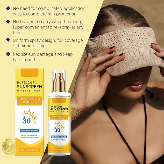 2PC Ultimate Hair and Scalp Sunscreen Spray SPF 30,Color-Lock UV Shield for Dyed/Highlighted Hair, Prevents Color Fade & Dryness, Non-Greasy Protection(100ml)