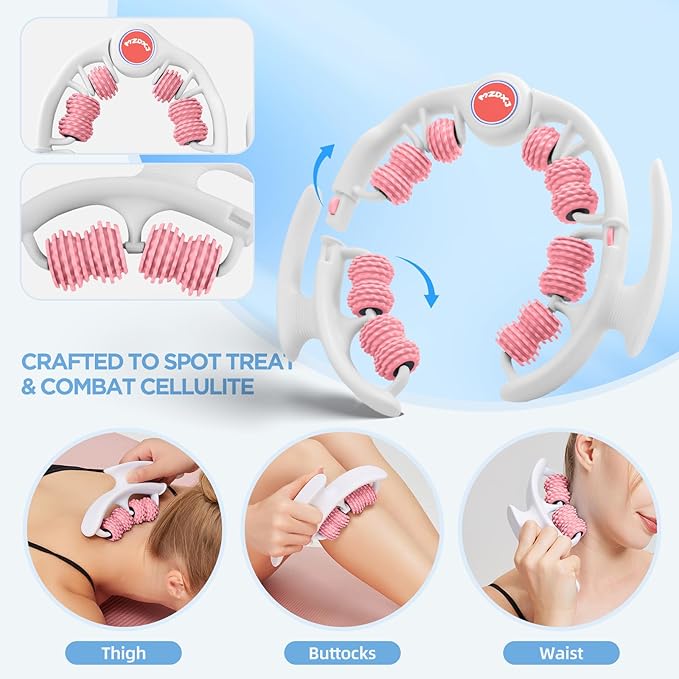 Cellulite Massage Tool, Anti-Cellulite Roller - Lymphatic Drainage Massager - Muscle Roller, Deep Fascia Massage, Dimpled Skin Removal, Legs/Thighs/Buttocks, Smooth Skin (14 Wheel - Pink)