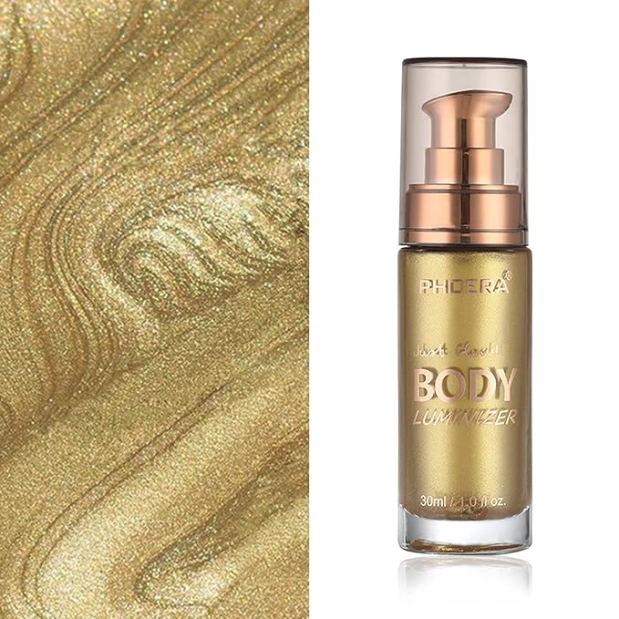 Body Shimmer Oil, Metallic Gold Natural Glow Luminizer, Long Lasting Moisturizing Liquid Illuminator Highlighter Makeup for a Sun-Kissed Glow, Brush Include, 1oz, Light