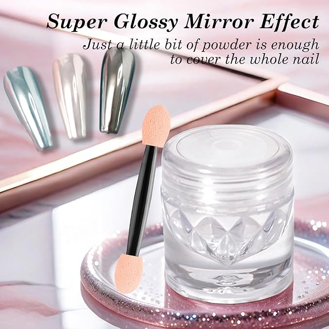 Magic White Chrome Nail Powder Super Glossy Mirror Effect for Gel Nails Polish Design, Moonlight Pearl Chrome Powder for Nails Metallic Silver Glitter Pigment Powder 0.5g with Tool