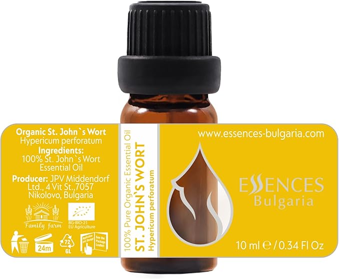 Essences Bulgaria Organic St. John's Wort Essential Oil 1/3 Fl Oz | 10ml | Hypericum perforatum | 100% Pure and Natural | Undiluted | Therapeutic Grade | Family Owned Farm | Steam-Distilled | Non-GMO