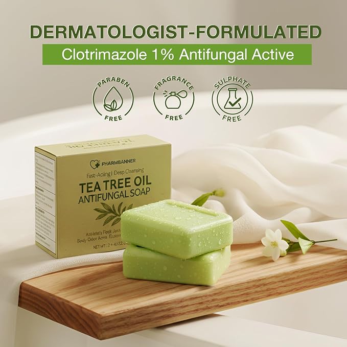 PHARMBANNER Tea Tree Antifungal Soap Bar: Body Wash for Face & Body Acne, Folliculitis, Jock Itch, Ringworm, Athlete’s Foot, Body Odor, Eczema – 2×4.1 oz