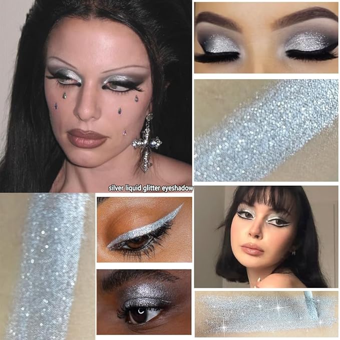 Silver Metallic Liquid Eyeshadow, High Impact Silvery Diamond Sparkle Eye Shadow Liquid Eyeliner Makeup for Older Women, Long Lasting Quick-Drying Smooth Shimmer Eyeshadow for Daily, Cosplay, Vegan #1