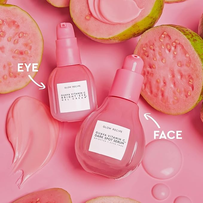 Glow Recipe Guava Brightening Korean Skincare Gift Set - Vitamin C Under Eye Cream Treatment + Hydrating Vitamin C Dark Spot Face Serum with Niacinamide & Peptides, Travel Size (2 Count)