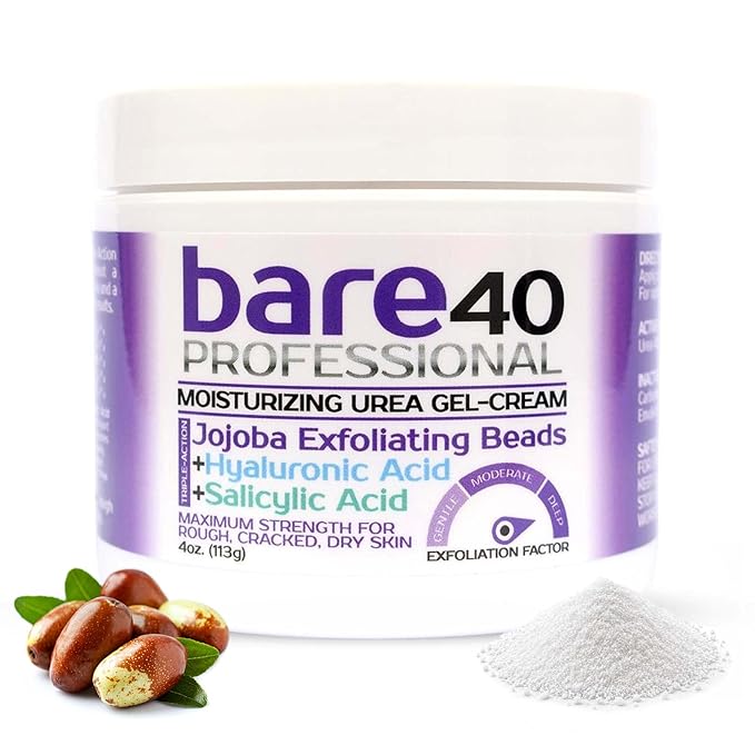 BARE 40 PRO 40% Urea Gel with 2% Salicylic Acid, Hyaluronic Acid, Tea Tree Oil & Aloe Vera – Exfoliating & Hydrating Foot and Body Gel for Dry, Rough Skin, 4oz Jar, Made in USA