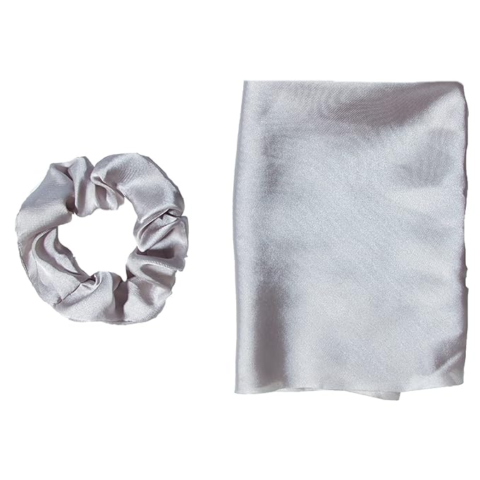 LFOUVRE Pack of 2 Knotted Bow Hair Scrunchies, 3 inch Diameter, 11.5 inch Hair Ribbon, Silky Satin Hair Scarf Hair Ties Bands, Hair Accessories for Women and Girls(Gray)