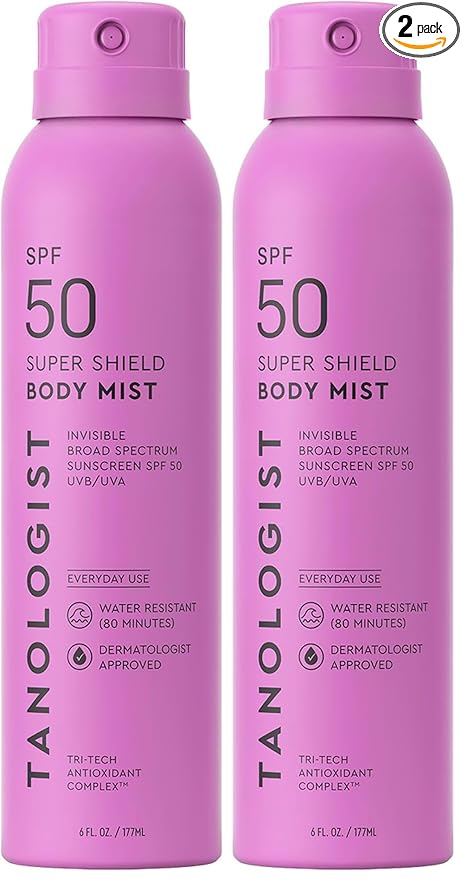Tanologist SPF 50 Super Shield Body Mist, Broad Spectrum SPF Sunscreen Spray, Lightweight Non-Greasy Body Sunscreen with Antioxidants, Water Resistant, 6 fl. oz/177 ml Bottle (Pack of 2)