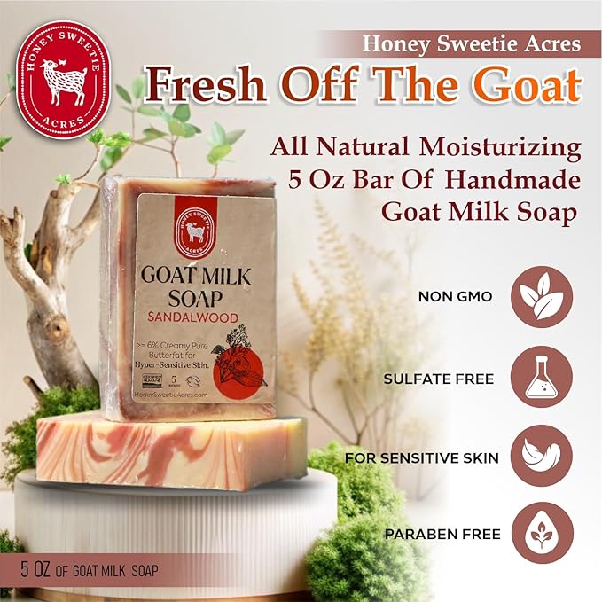 Honey Sweetie Acres 2-Pack Sandalwood Goat Milk Soap - Handmade 5 oz Bar, Made with Natural Ingredients, Moisturizing & Gentle, Made in the USA