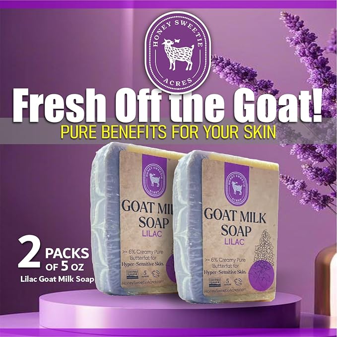 Honey Sweetie Acres 2-Pack Lilac Goat Milk Soap - All Natural 5 oz Handmade Bar Soap – Moisturizing, Gentle for Sensitive Skin, Eco-Friendly, Made in the USA