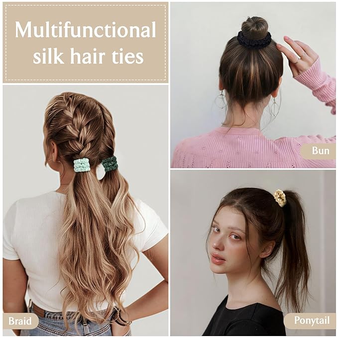 Scrunchies Hair Ties Silk Satin Scrunchy, WantGor Women 4PC Pure Mulberry Silk Skinny Elastic Scrunchies Hair Bands Bracelets Ponytail Holders Hair Accessories (Gold,Black,Green,Dark green)