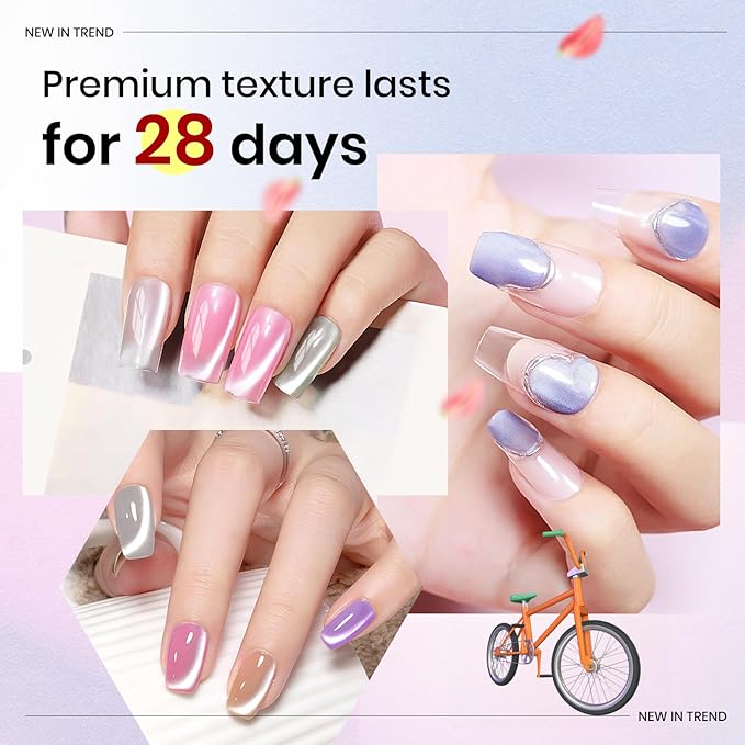 MIZHSE Cat Eye Gel Nail Polish, Moonlight 6 Colors Ceramic Magnetic Gel Polish Set with Magnet Stick, Crystal Silver Pink Green Blue Purple Magnetic French Nail Polish Kit Gift Set