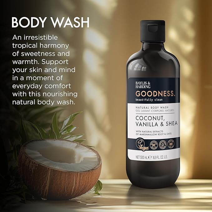 Baylis & Harding Goodness Coconut, Vanilla & Shea Natural Body Wash 16.9Fl.oz, Pack of 3 - Biodegradable Formula