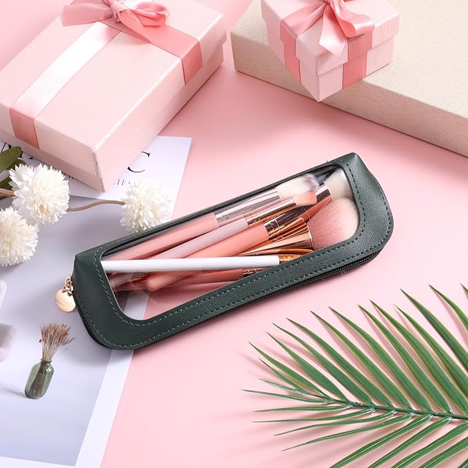 Psyqtsuary Small Clear Makeup Bag, PU Leather Travel Makeup Brush Pouch Portable Transparent Waterproof Cosmetic Organizer Pouch with Zipper for Women Home Travel Office Cosmetic Storage (Dark Green)