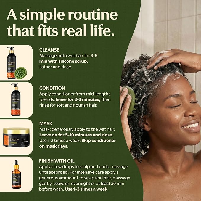Batana Oil Shampoo and Conditioner Set (16 fl oz / 470 ml) with Rosemary & Caffeine | Includes Deep Mask, Hair Oil & Silicone Scalp Massager | Sulfate-Free, Paraben-Free for Fuller-Looking Hair.