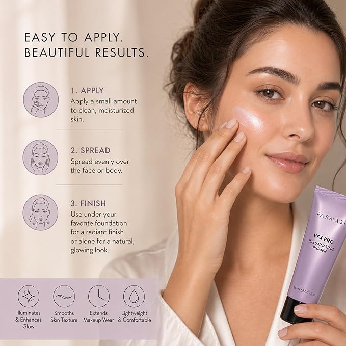 FARMASi VFX Pro Illuminating Makeup Primer, Luminous Smoothing Face Base with Iridescent Pigments, Lightweight Radiant Glow Finish, Vitamin E, Helps Extend Makeup Wear, 0.85 fl oz, Illuminating