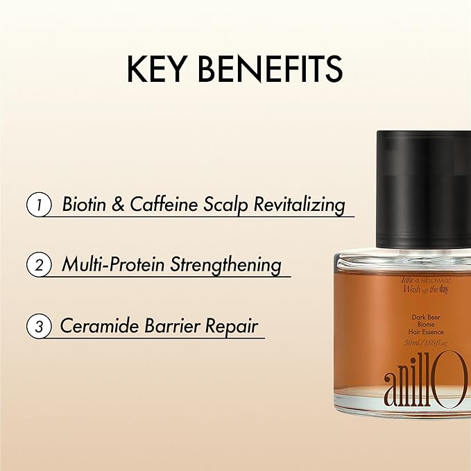 anillO Dark Beer Biome Hair Essence - Strengthening & Nourishing Damage Repair Hair Oil Serum with Biotin, Olive Oil, Beer Yeast &10-type Protein Complex - Vegan, Paraben & Silicone Free 1.69 fl oz