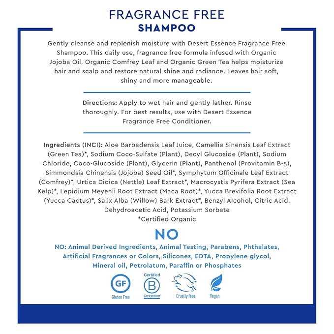 Desert Essence Fragrance Free Shampoo - Pure - 8 Fl Ounce - Pack of 3 - Unscented - Gloss & Shine - Strengthens Hair - Soft & Revitalized - Green Tea - Vitamins & Minerals - Jojoba Oil