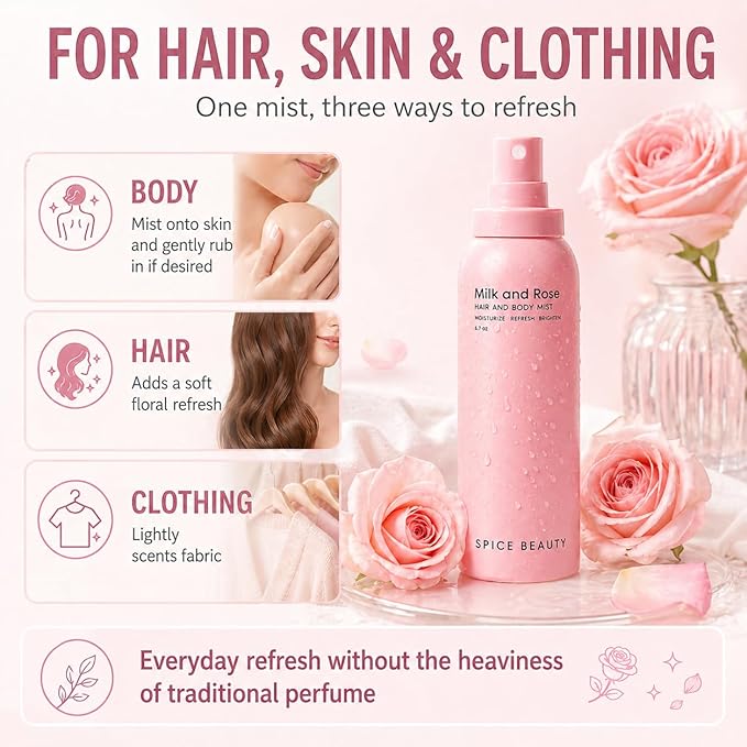 Milk & Rose Hair & Body Mist | Hydrating Floral Mist for Hair, Skin & Clothing | Rose, Goat Milk & Skin-Loving Ingredients | 6.7 oz