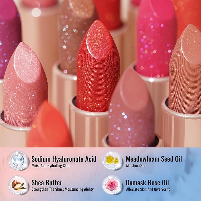 Oulac Moisture Pink Lipstick Set 3PCS - Infinity High Shine Finish, Hydrating Vegan Lipstick Infused with Damask Rose Oil for All-Day Comfort, Gluten-Free, PG03+PG10+D08