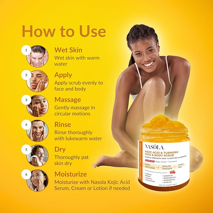 Nasola Kojic Acid Turmeric Face and Body Scrub - Moisturizing & Exfoliating Sugar Scrub with Shea Butter & Oils For All Skin Types - Removes Dead Skin for Hydrated Feel, Great Gifts For Women & Men