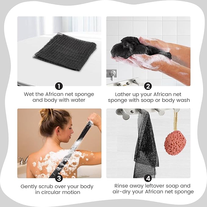 ZOCY African Net Sponge, Authentic Exfoliating Body Scrubber for Bath and Shower, Multiple Textures with Gentle Deep Exfoliating and Rich Lather for All Skins (Black)