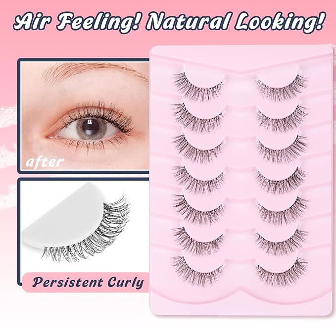 Lashes Natural False Eyelashes Wispy 13mm Eye Lashes Pack C Curl Fake Eyelashes 3D Volume Lash Strips with Thin Band Natural Eyelash For Daily Siligli 7 Pair