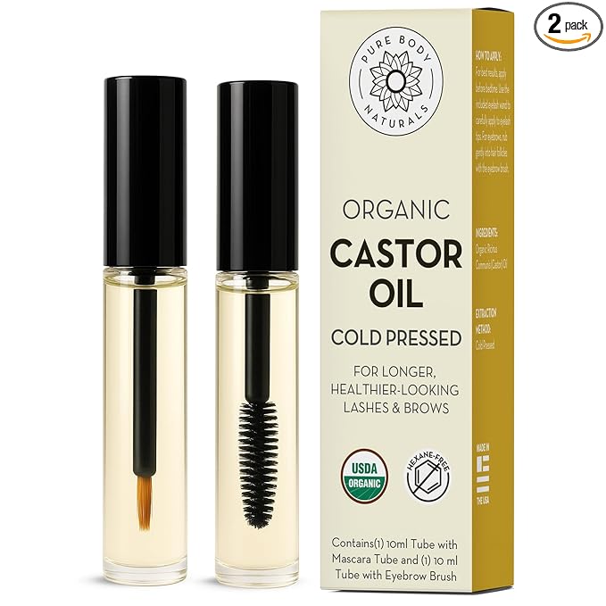 Pure Body Naturals Castor Oil for Eyelashes and Eyebrows - Nourishing Brow & Lash Growth Serum - Castor Oil Organic, Cold Pressed, Hexane Free - 2 Pre-Filled Applicators (10 ml each)