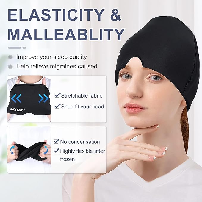 Migraine Relief Gel Ice Head Wrap, Hot and Cold Therapy Headache Relief Hat, Migraine Cap for Puffy Eyes, Headache Eyes Mask for Sinus, Tension and Stress Relief (Black & Black)