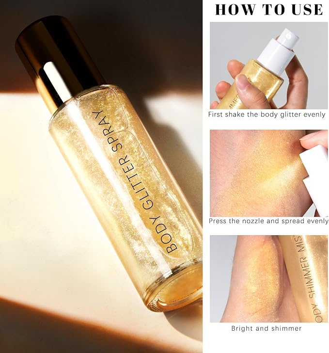 HOSAILY Body Glitter Spray, Holographic Body Shimmer Quick-Drying and Non-Sticky Duochrome Glitter Hairspray for Face Clothes, Sparkle Highlighter Makeup Festival Rave Accessories, Gold