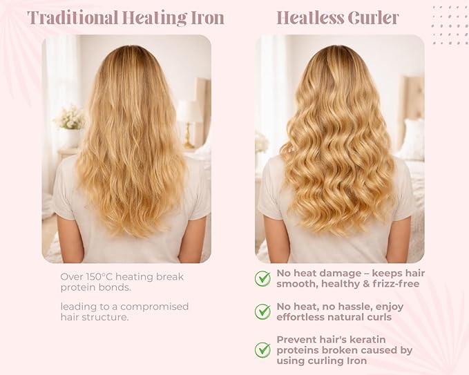 Velvet Heatless Hair Curler for Overnight Curls, No Heat Hair Curlers to Sleep in with Satin Bonnet and Clip Blowout Rods for Long Hair Curling Set - Pink