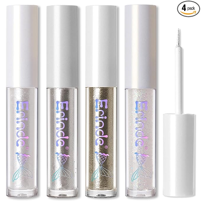 Erinde 4PCS Liquid Glitter Eyeshadow Eyeliner Makeup, Shimmer Metallic Eye Liner, Long Wearing Waterproof, Twinkle Under Eye Shadow, Loose Glue for Crystals Eye Makeup