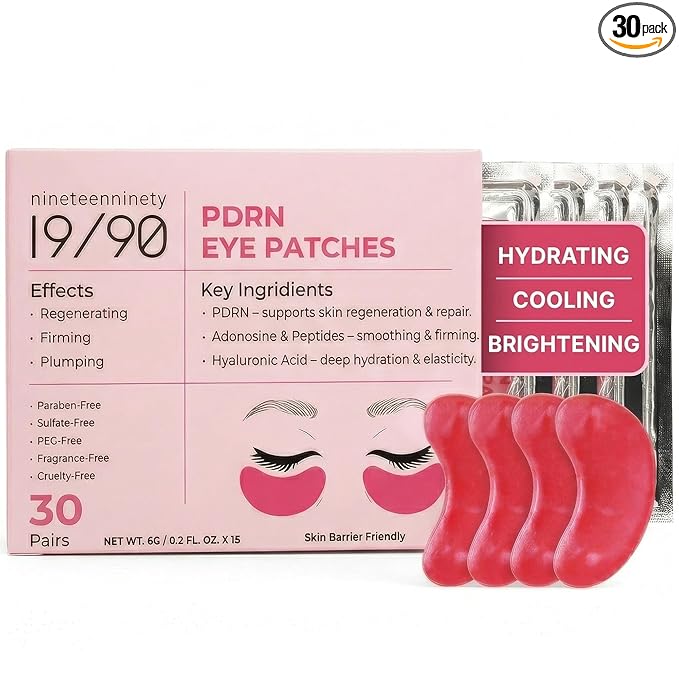 19/90 PDRN Revitalizing Hydrogel Eye Patches for Dark Circles & Puffiness - Pink, Caffeine, Hyaluronic Acid, Hydrating Treatment for Women - Under Eye Mask, Brightening, Cooling - Pink (30 Pairs)